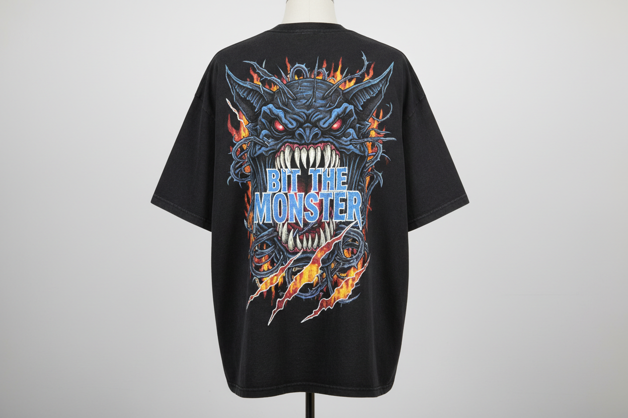 oversize t-shirt with a print on back and write bit the monster